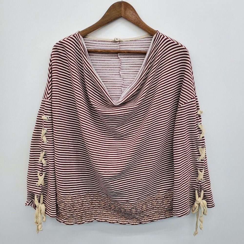 POL Womens Embroidered Lace Up Sleeve Scoop Neck Sweater Size M Burgundy & Cream - Picture 3 of 16